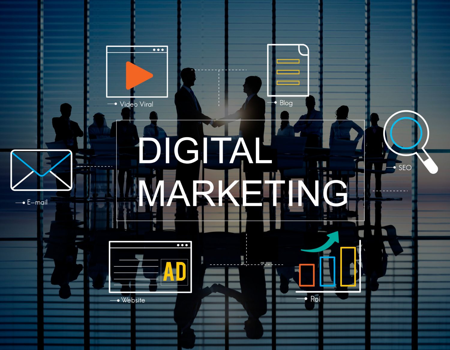 Illustration showing digital marketing and web development concepts side by side